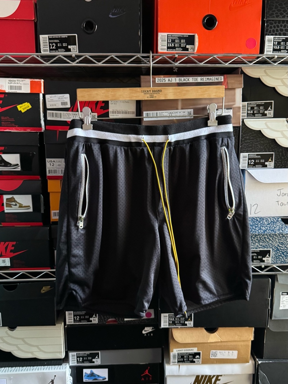 MNML Black Athletic Mesh Shorts with Gray Waistband and Yellow Drawcord